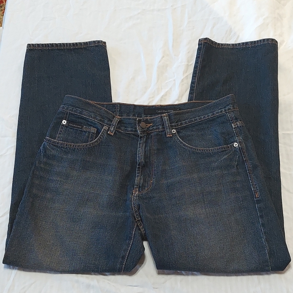 Mens Calvin Klein 34x30 Straight Leg Blue Jeans Button Back Pockets